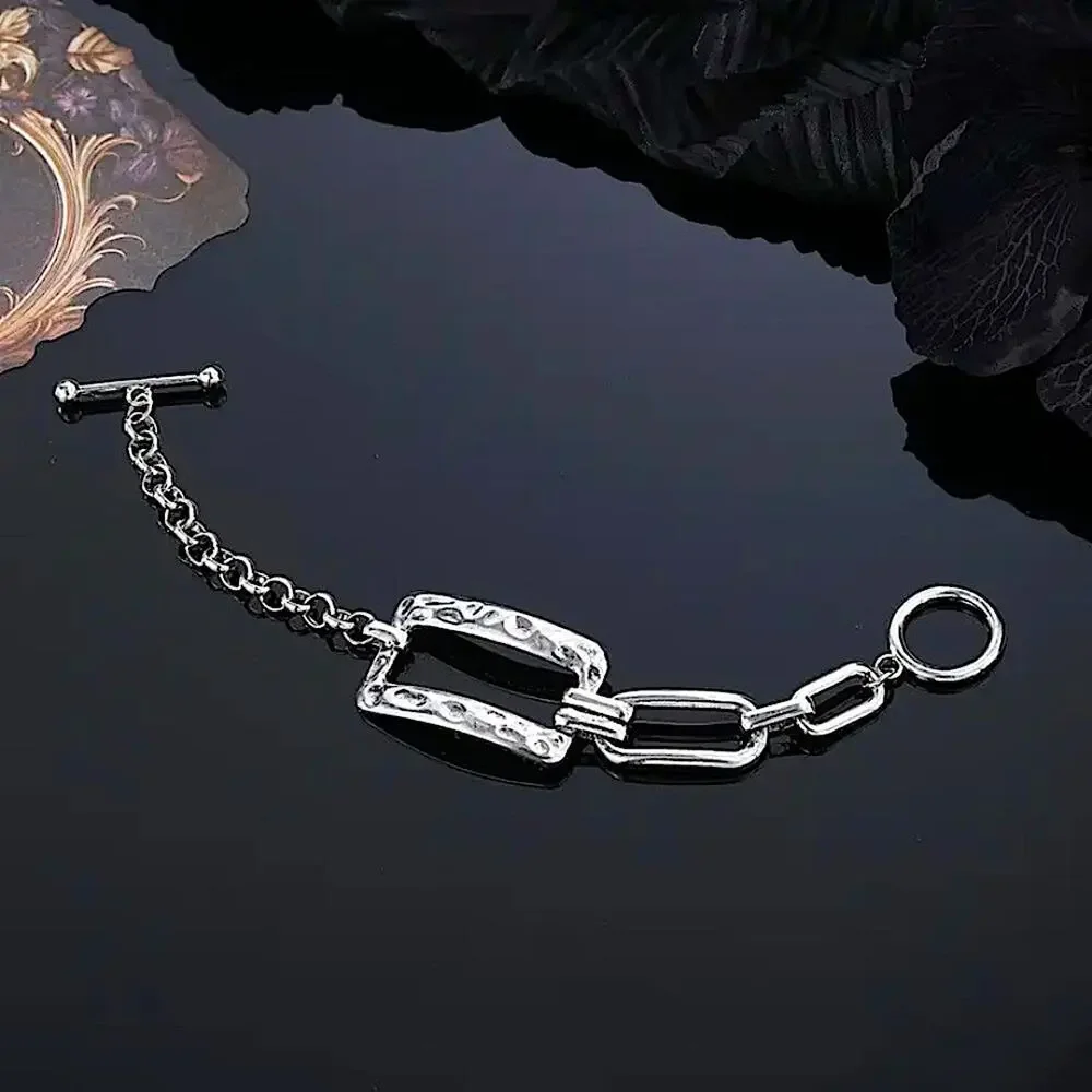 Stainless Steel Rectangular Bracelet Boho Hammered Chain Link